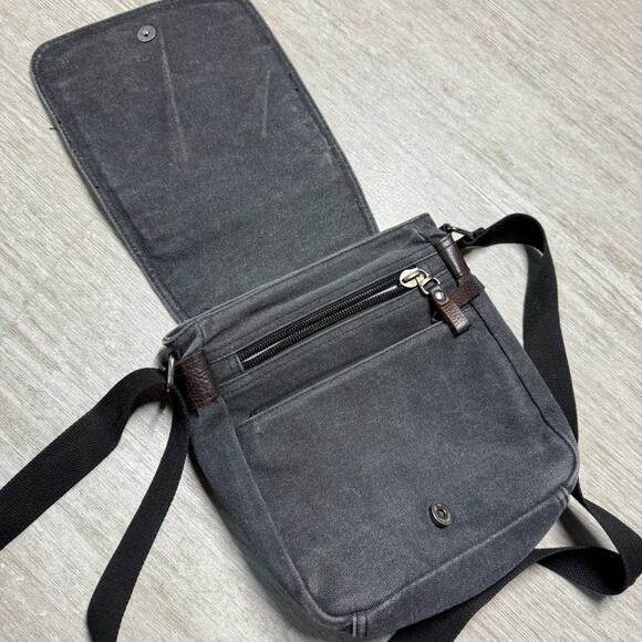 ACACIA Revolve Canvas Crossbody Bag Satchel Leather Accents Gray Zip Snap Close - Picture 4 of 7